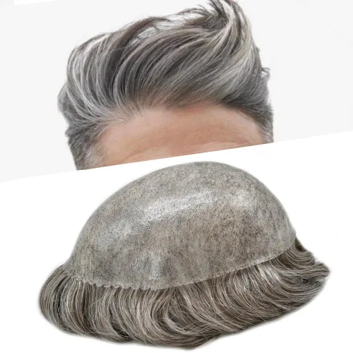 Miniatura 8 de Sistema de cabello humano tipo tupé para hombre, tupé gris, piezas de cabello completo de poliéster para hombres, tupé de inyección de poliuretano