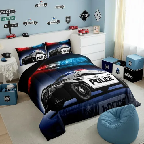 Miniatura 5 de Erosebridal Juego de edredón de coche de policía, tamaño Queen, juego de ropa de cama de vehículo de policía para niños y niños, edredón de plumón