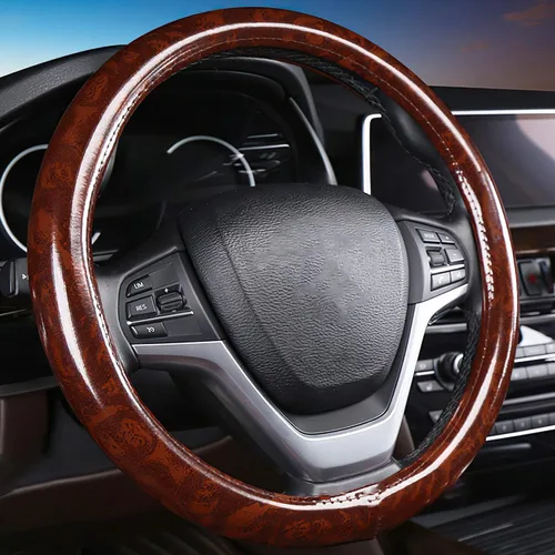 Miniatura 6 de Funda de cuero para volante con textura de grano de madera, protector elástico de volante para coche y SUV, universal de 38 cm, antideslizante