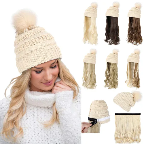 Miniatura 9 de Qlenkay Gorro con extensiones de cabello largo ondulado y rizado, gorra de punto negro adjunta de 20 pulgadas, peluca sintética desmontable, pompón