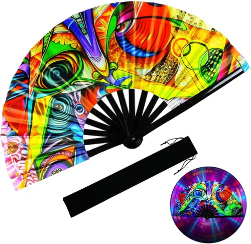 Miniatura 10 de Ventilador plegable grande, ventilador de mano de bambú de 13 pulgadas con tinta reactiva UV, ventilador chino plegable Clark para festivales, Drag