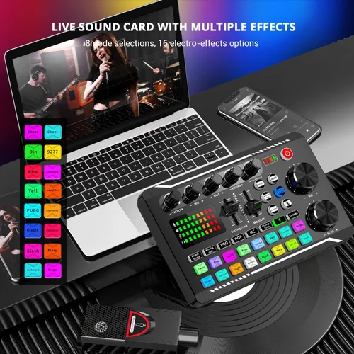 Miniatura 2 de Facmogu Mezclador de audio con tarjeta de sonido en vivo F998, interfaz de audio de podcast con efectos de mezclador de DJ, cambiador de voz