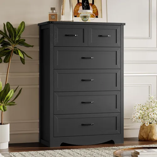 Miniatura 23 de BORNOON - Cómoda de 7 cajones para dormitorio, cómoda de madera moderna con manijas de metal, diseño antivuelco, organizador de almacenamiento Blanco