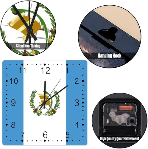 Miniatura 5 de Reloj de pared decorativo de madera de Guatemala con bandera de Guatemala, reloj cuadrado silencioso con pilas para oficina, escuela, 15 pulgadas