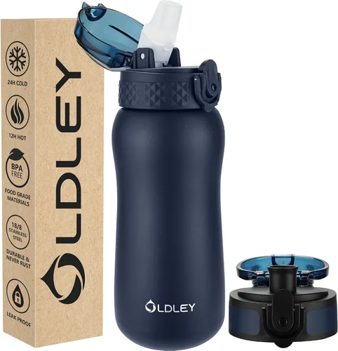 Miniatura 18 de Botella de agua aislada Oldley de 12 oz con pajita, botella de agua de acero inoxidable con 2 tapas, botellas de doble pared con vacío para adultos