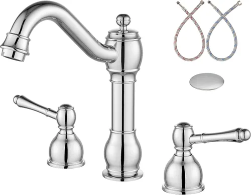 Miniatura 14 de Aolemi Grifo mezclador de lavabo de baño de 8 pulgadas, 3 agujeros, montaje en cubierta, con montaje de drenaje emergente, mango de doble palanca
