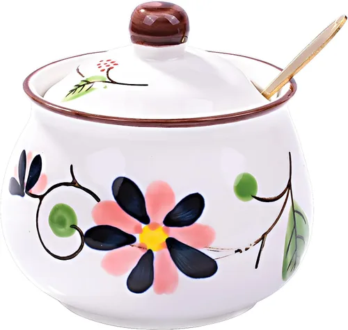 Miniatura 11 de Azucarero de cerámica con tapa y cuchara, recipiente de azúcar floral pintado a mano de 10.8 onzas para cocina, tarro de especias de porcelana HH