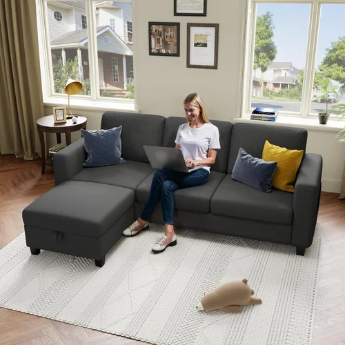 Miniatura 3 de Sofá seccional y sofás para sala de estar, sofá de lino gris oscuro en forma de L de 78 pulgadas, sofás convertibles modulares de 3 plazas aptos