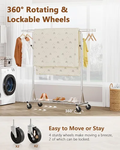 Miniatura 5 de Hoctieon Perchero de montaje de 1 minuto, 480 libras, percheros de ropa rodantes resistentes con ruedas, perchero plegable para ropa, barra Plata