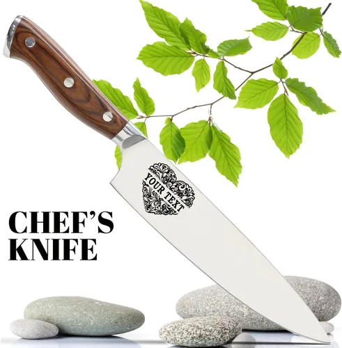 Miniatura 3 de Cuchillo de cocina personalizable de acero inoxidable 5Cr15 Mov de 9 pulgadas con iconos grabados con láser, calidad profesional dorada o negra