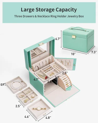 Miniatura 4 de Vlando Joyero organizador para niñas y mujeres, organizador de joyas barroco grande con espejo, 3 cajones para pulseras, aretes, anillos, collares