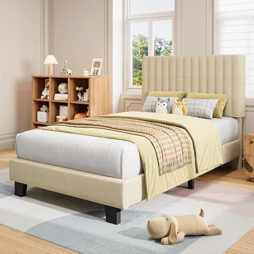 Miniatura 7 de iPormis Base de cama tamaño individual, cama tapizada con plataforma con cabecero de lino vertical, patas de cama anchas y fuerte soporte