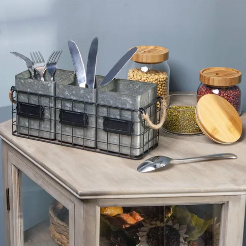 Miniatura 2 de NIKKY HOME Farmhouse Organizador de Cubiertos Galvanizado de 3 Compartimentos para Encimera, Soporte de Cubiertos de Mesa para Cucharas, Cuchillos