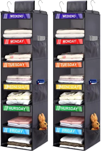 Paquete de 2 organizadores semanales de ropa de 6 estantes para niños, organización diaria colgante de armario con 6 bolsillos laterales, divisor de