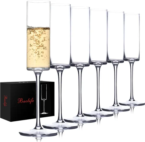 BACLIFE Juego de 6 copas de champán de cristal, copas de champán sopladas a mano con tallo largo, elegantes copas de vino espumoso de 6.5 onzas,