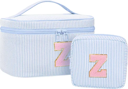 Miniatura 23 de Juego de bolsas de maquillaje con iniciales para niñas y mujeres, bolsa de cosméticos con monograma con soporte para cepillos, estuche de maquillaje