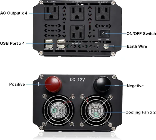 Miniatura 3 de Cantonape Inversor de corriente de 3000 W de 12 V a 110 V/120 V CC a CA con pantalla LCD, control remoto y 4 salidas de CA, adaptador de coche