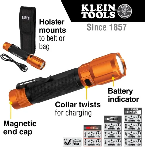 Miniatura 2 de KLEIN TOOLS 56413 Linterna LED recargable de 2 colores, funda, foco, reflector, LED rojo, 1000 lúmenes, cable USB, camping, caza