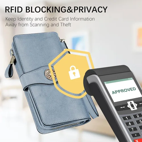 Miniatura 5 de Travelambo Billetera para mujer de gran capacidad con bloqueo RFID de cuero genuino