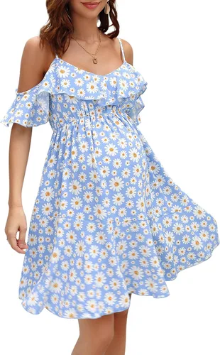 FUNJULY Vestido de lactancia de maternidad para mujer, cuello en V, tirantes delgados, manga con volantes, estampado de margaritas, vestido