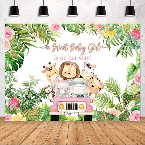 Miniatura 5 de Avezano Telón de fondo rosa para baby shower de safari para niñas, animales de la selva, decoración de baby shower, hojas tropicales, suministros