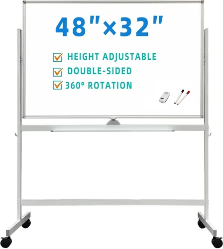 Miniatura 13 de BIBOC Pizarra blanca móvil grande de borrado en seco de 32 x 48 pulgadas con soporte rodante, pizarra blanca ajustable de altura de doble cara