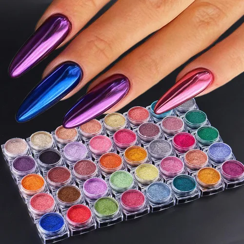 Miniatura 3 de Juego de polvos de uñas cromados de espejo metálico de 40 colores, pigmento de espejo metálico profesional con brillo holográfico, incluye tonos oro