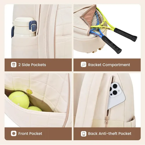 Miniatura 5 de Sucipi Bolsas de tenis para mujeres, Mochila bolsa acolchada para raqueta de tenis para raqueta de tenis, palas de pickleball, bádminton beige