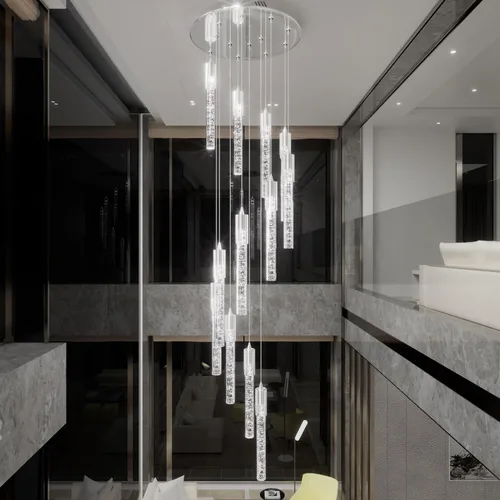 Flashing God Candelabro de cristal moderno regulable LED plateado luz de techo de burbuja de cristal, lámpara de techo alto para sala de estar,