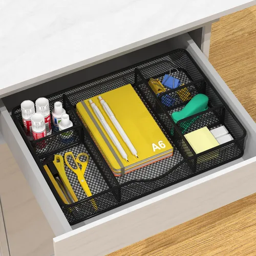 Miniatura 6 de VyGrow Bandeja organizadora de cajones de escritorio, organizador de cajones de malla metálica para oficina y hogar, 6 compartimentos ajustables, 2