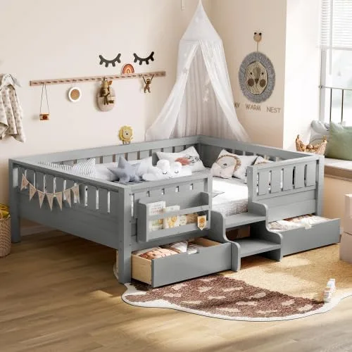 Miniatura 17 de Bellemave Cama Montessori de tamaño Queen con 2 cajones y estantería, camas de suelo para niños con barandillas de seguridad y escaleras, marco