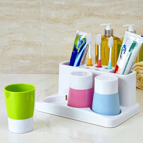 Miniatura 6 de Soporte para cepillo de dientes de 5 agujeros, soporte para pasta de dientes, organizador de baño con 3 tazas de enjuague para conjunto familiar