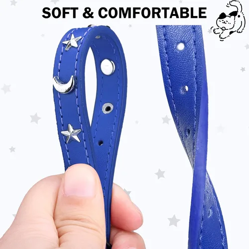 Miniatura 2 de Collares de cuero DILLYBUD para gatos niño y niña con campana y cinturón elástico de seguridad, collar ajustable con hebilla de seguridad Blue_Star