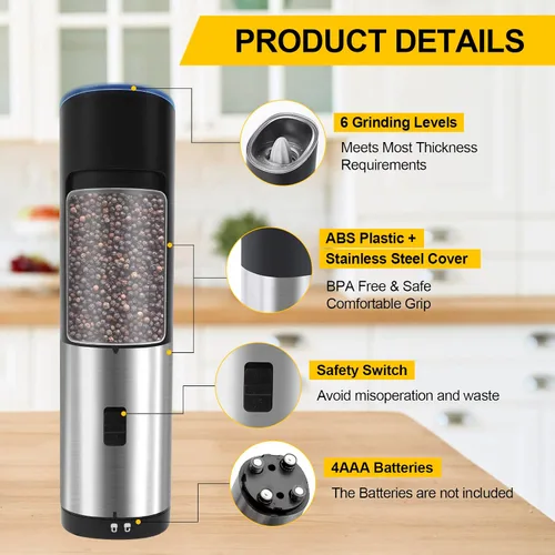 Miniatura 2 de Gravity - Molinillo eléctrico de sal y pimienta, molinillo de pimienta con batería automática, gran capacidad, grosor ajustable, acero inoxidable