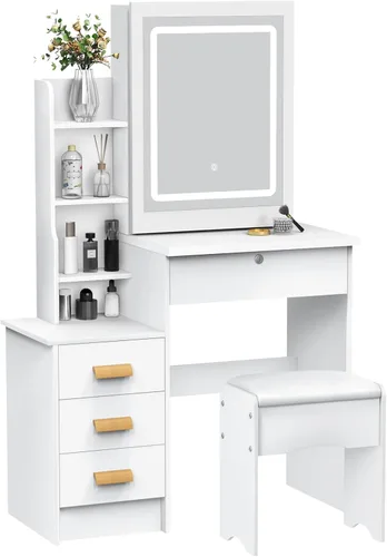 Miniatura 9 de Escritorio de tocador con espejo iluminado LED, mesa de tocador de maquillaje con 4 cajones para dormitorio, baño, tocador con luces, tocador