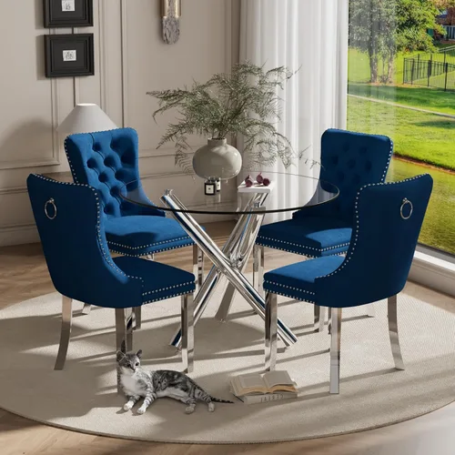 Miniatura 11 de Juego pequeño de mesa redonda con tapa de vidrio transparente para 2, 36'' Juego moderno de lujo para cenas circulares, 3 piezas Juego minimalista