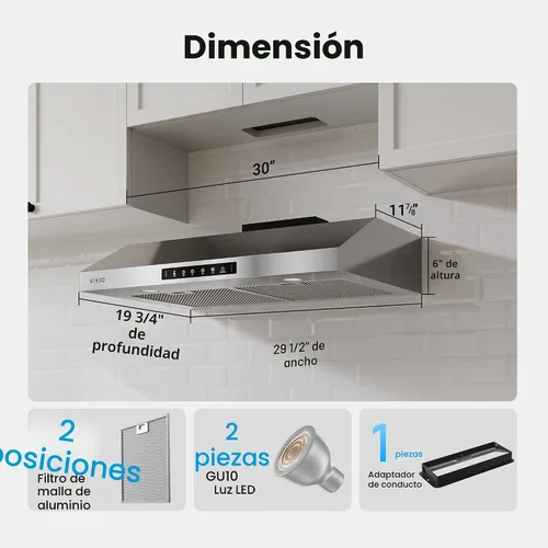 Miniatura 9 de VIKIO HOME Campana extractora para debajo del gabinete de 30 pulgadas, Campana extractora de cocina de acero inoxidable de 900CFM, Control