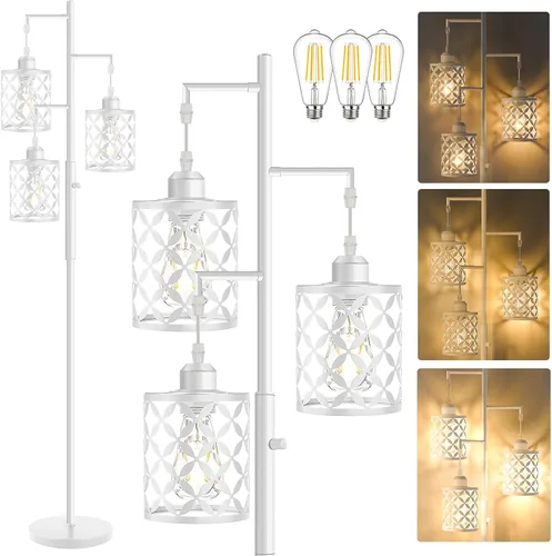 Miniatura 13 de Lámpara de pie regulable, lámpara de pie de granja con elegante jaula de metal, lámparas de pie industriales de árbol alto para sala de estar, Negro