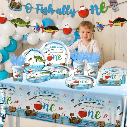 Miniatura 4 de Decoraciones de Cumpleaños Ofishally One, Suministros de Fiesta de Primer Cumpleaños Gone Fishing 142Pcs Nuestro Pequeño Hombre Está Ofishally