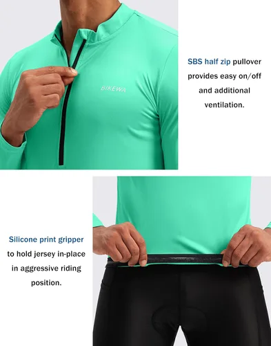 Miniatura 4 de Bikewa Maillot de ciclismo para hombre con 3+1 bolsillos traseros con cremallera, manga larga, absorción de humedad, UPF 50+ media cremallera