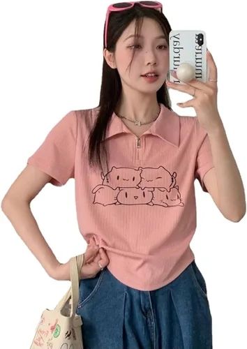 Cutecore - Camiseta de manga corta con cuello tipo polo con estampado de dibujos animados para mujer, blusas de Fairycore Preppy Y2K Tops Indie