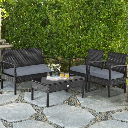 Miniatura 8 de Juego de 4 muebles de patio para exteriores, juego de sofá de mimbre con cojín gris resistente al agua y mesa de vidrio templado para patio trasero