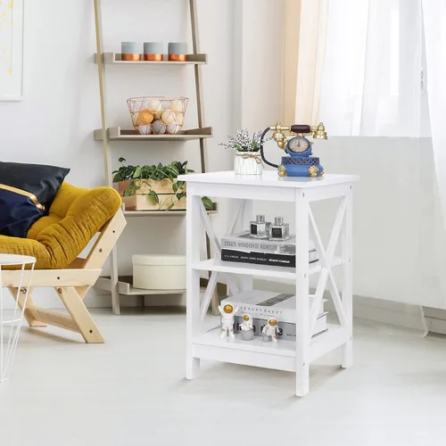 Miniatura 2 de ZENY Juego de 2 mesas auxiliares, estante de almacenamiento lateral para sofá, mesa auxiliar de madera versátil con diseño X, sala de estar, Blanco