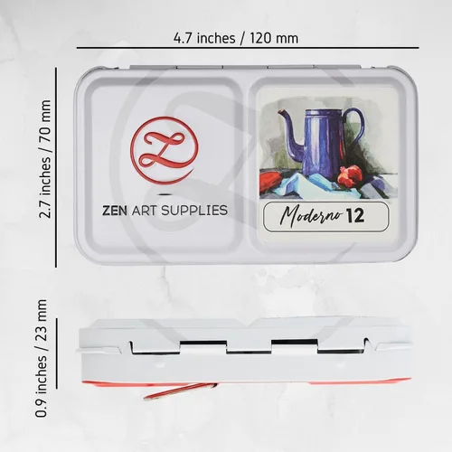 Miniatura 5 de ZenART - Pintura de acuarela moderna profesional, no tóxica, juego de 12 medias bandejas en paleta de lata de metal, juego de viaje portátil
