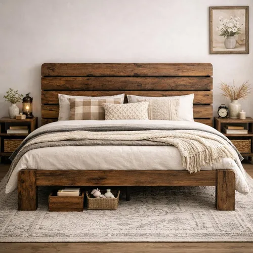 Miniatura 12 de Marco de cama de madera tamaño King con cabecera, base de cama de plataforma estilo granja rústica con soporte de listones de madera, resistente