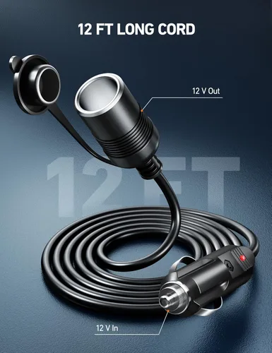 Miniatura 4 de AstroAI Cable de extensión de encendedor de cigarrillos de 12 pies/12 V, macho a hembra, cable de extensión resistente de 120 W/15 A, compatible
