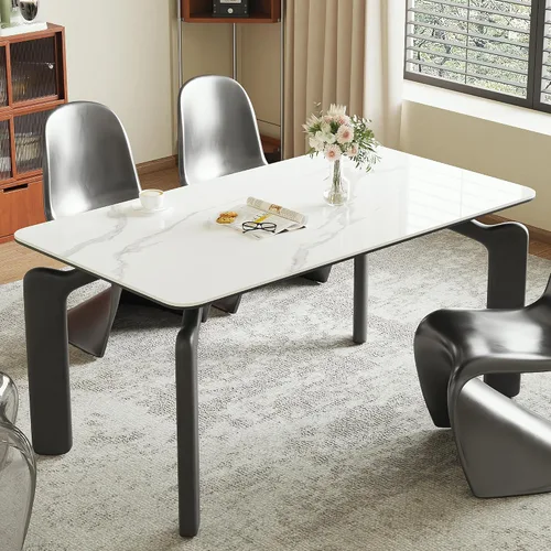 Miniatura 7 de Mesa de comedor, mesa de cocina de piedra sinterizada, mesa rectangular moderna de pizarra blanca de 55 pulgadas con patas de metal, mesa de comedor
