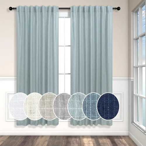 Miniatura 54 de Cortinas de lino azul de 84 pulgadas de largo para sala de estar; juego de 2 paneles con lengüeta trasera; cortinas con dobladillo para barra; Azul