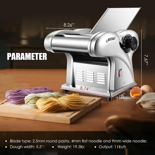 Miniatura 6 de NEWTRY Máquina eléctrica para hacer pasta, máquina para hacer pasta, cortador de rodillo de masa, grosor ajustable, acero inoxidable, 110 V