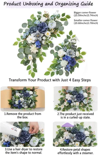 Miniatura 6 de Letreros florales de bienvenida de boda (paquete de 2), flores de arco de boda para decoración de boda y decoración de fondo de recepción (azul)
